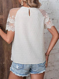 xakxx Loose Lace Short Sleeves See-Through Split-Joint Round-Neck T-Shirts Tops