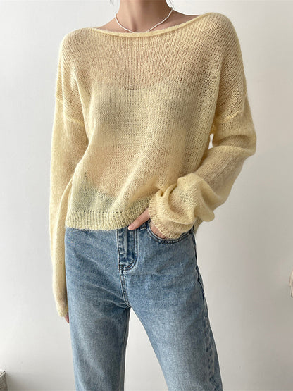 xakxx Gentle Mohair Knitted Loose Long Sleeves Solid Color Thin Sweater Tops