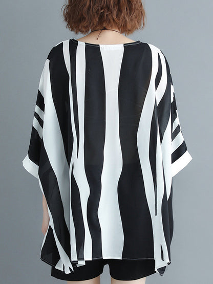 xakxx Original Chiffon Batwing Sleeves Striped Shirts Tops