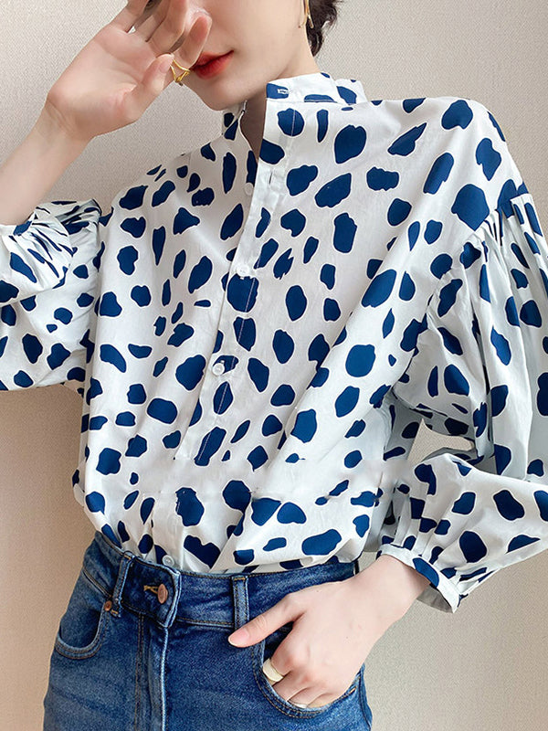 xakxx Loose Puff Sleeves Pleated Polka-Dot Split-Joint Stand Collar Blouses