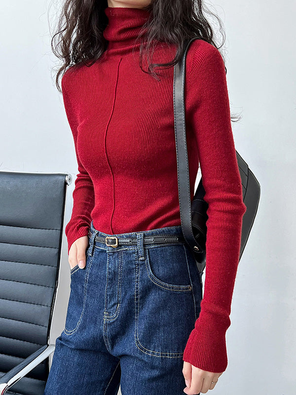 xakxx Long Sleeves Skinny Solid Color High Neck Pullovers Sweater Tops