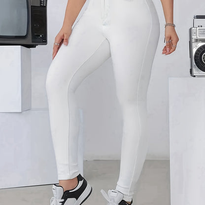 Long Length White Mid-Waist Skinny Jeans - Stretchy Denim, Zipper Fly, Chain Details, Slim Fit, Casual Weekend Wear - Solid Color, No Printing, All-Season Fashion