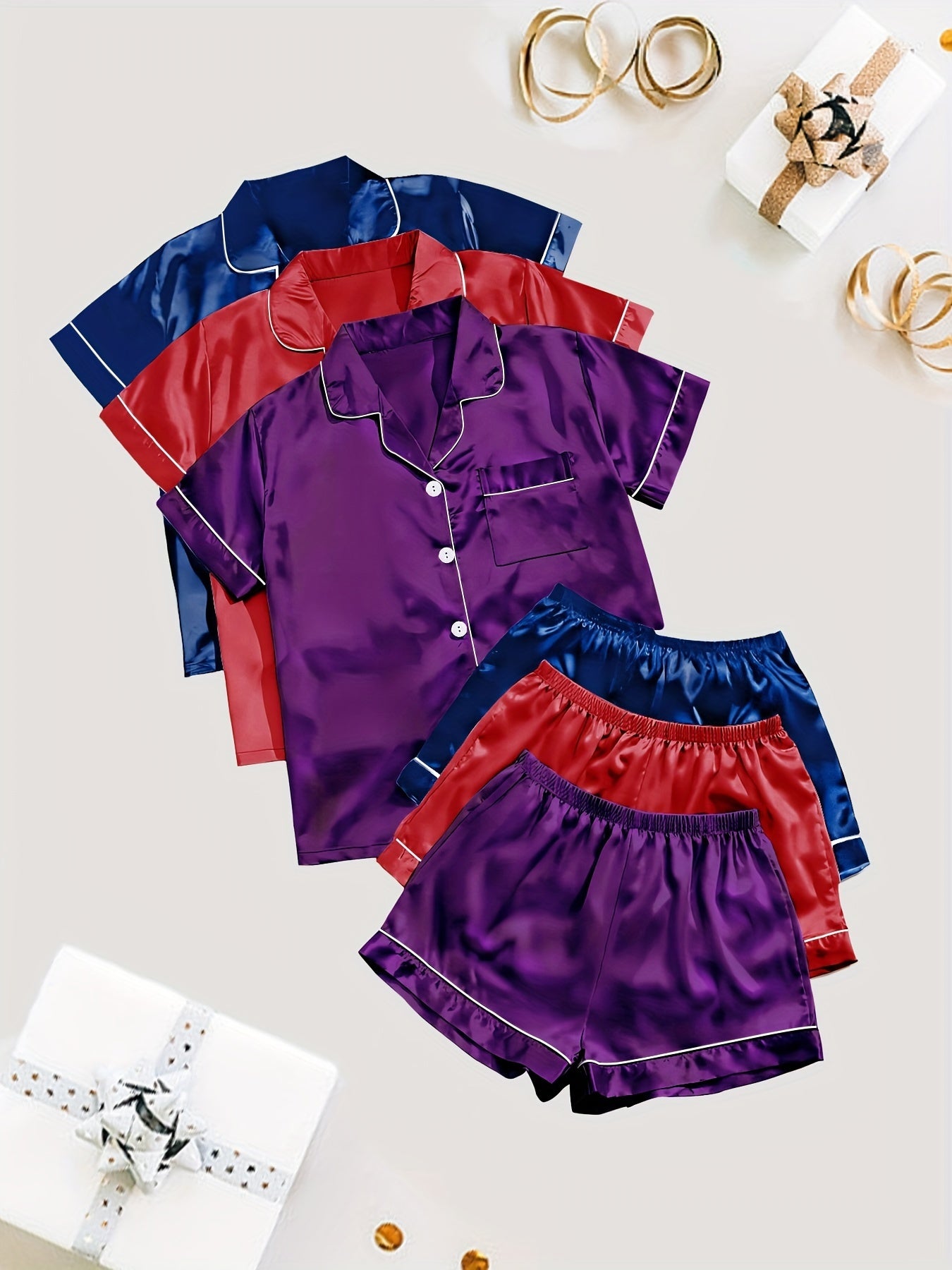 3-Pack Solid Satin Womens Pajama Set - Lightweight & Soft Short Sleeve Lapel Tops with Elastic Shorts - Stylish Sleepwear for Casual Lounging, Comfy Nighttime Elegance