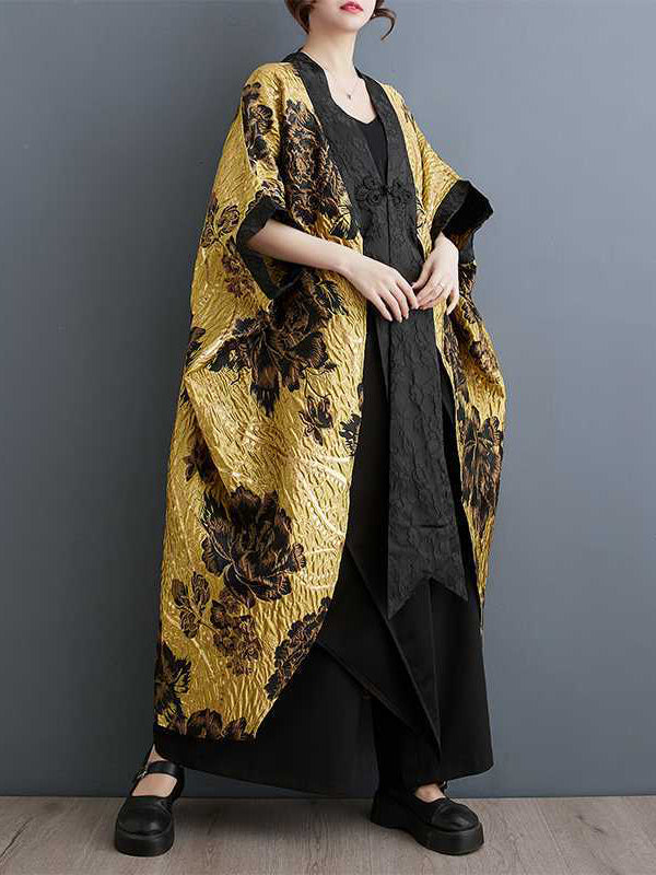 xakxx Batwing Sleeves Loose Flower-Embellished Chinese Frog Buttons Pleated Split-Joint V-Neck Outerwear