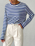 xakxx Long Sleeves Loose Split-Joint Striped Round-Neck Sweater Tops