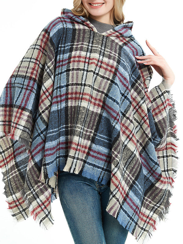 xakxx Fringed Hooded Keep Warm Plaid Cape Shawl&Cloak