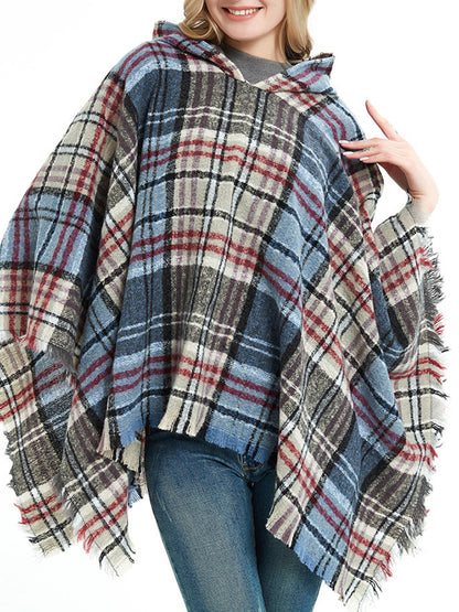 xakxx Fringed Hooded Keep Warm Plaid Cape Shawl&Cloak