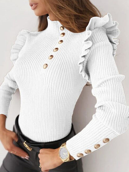 xakxx Long Sleeves Skinny Buttoned Falbala Split-Joint High-Neck Pullovers Sweater Tops