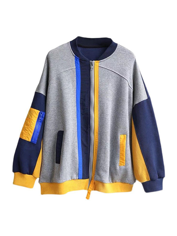 xakxx Casual Loose Contrast Color Split-Joint Stand Collar Long Sleeves Outwear