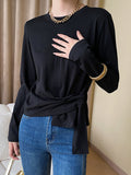 xakxx Long Sleeves Asymmetric Bowknot Solid Color Round-Neck T-Shirts Tops
