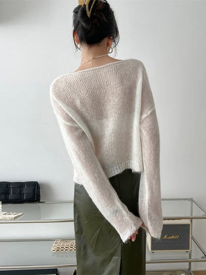 xakxx Gentle Mohair Knitted Loose Long Sleeves Solid Color Thin Sweater Tops