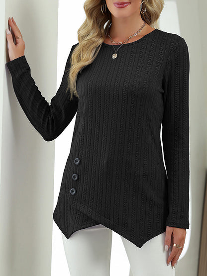 xakxx Long Sleeves Loose Asymmetric Buttoned Round-Neck T-Shirts Tops