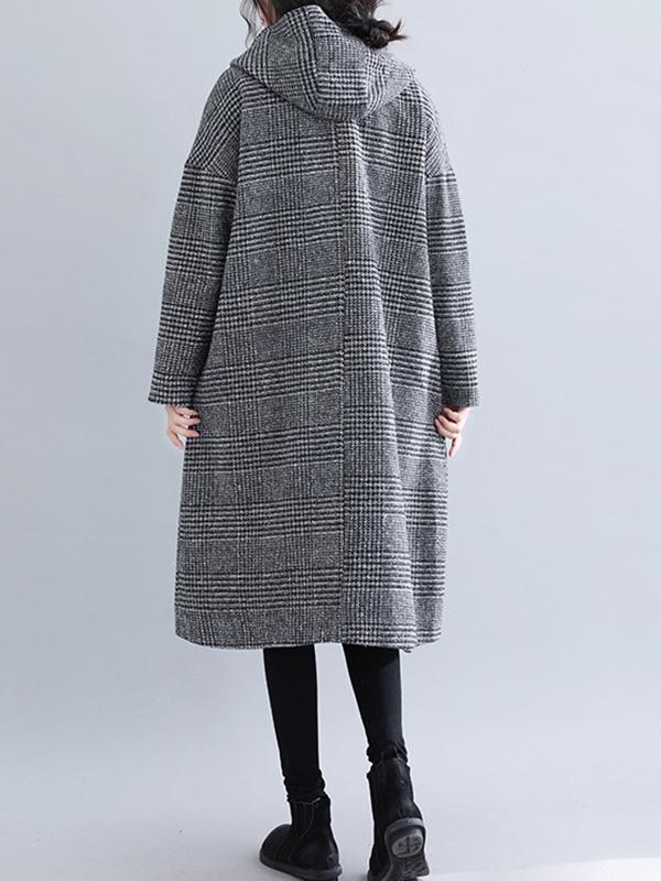 xakxx Loose Plaid Woolen Hood Coat