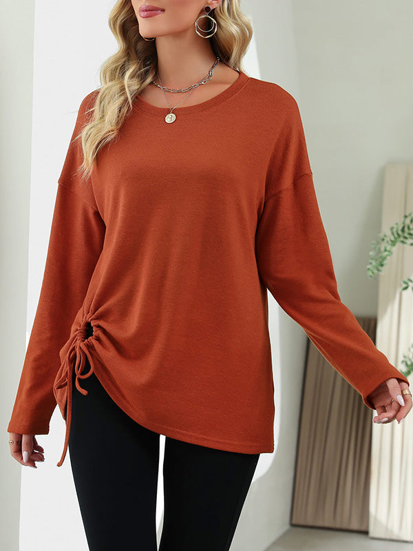 xakxx Long Sleeves Loose Asymmetric Drawstring Hollow Solid Color Round-Neck T-Shirts Tops