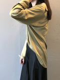 xakxx Satin V-Neck Loose Solid Color High-Low Long Sleeve Shirts