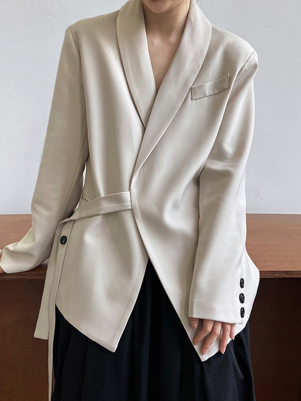 xakxx Long Sleeves Loose Asymmetric Buttoned Pockets Solid Color Tied V-Neck Blazer Outerwear