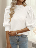 xakxx Half Sleeves Puff Sleeves Pleated Solid Color Mock Neck T-Shirts Tops