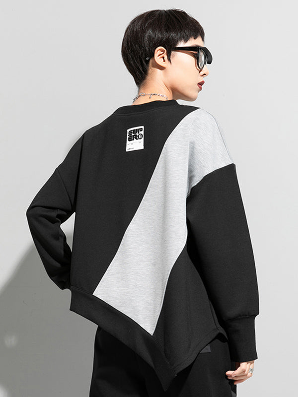 xakxx Stylish Black&Gray Asymmetric Contrast Color Long Sleeves Round-Neck T-Shirt