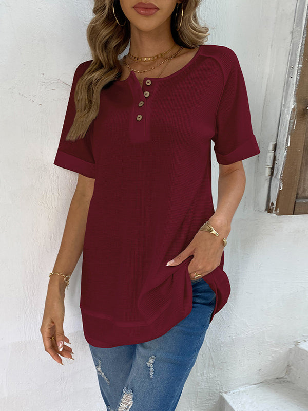 xakxx Loose Short Sleeves Buttoned Solid Color Split-Joint V-Neck T-Shirts Tops