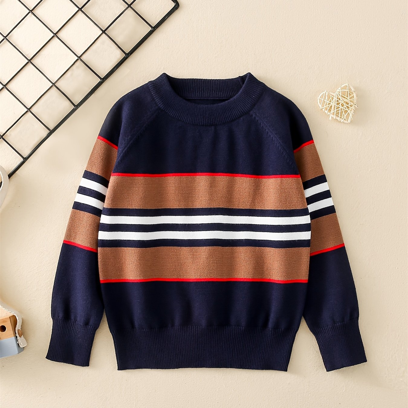 Baby's Casual Color Block Pattern Sweater, Knitted Long Sleeve Top, Toddler & Infant Boy's Clothing For Fall Winter