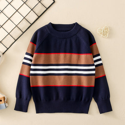 Baby's Casual Color Block Pattern Sweater, Knitted Long Sleeve Top, Toddler & Infant Boy's Clothing For Fall Winter