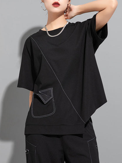 xakxx Loose Short Sleeves Asymmetric Solid Color Split-Joint Round-Neck T-Shirts Tops