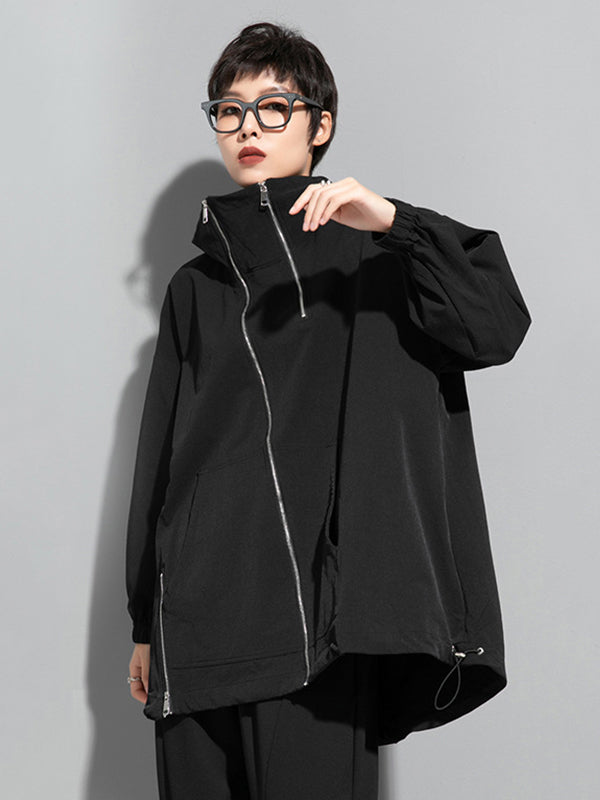 xakxx Fashion Irregularity Loose Solid Color Zipper Hooded Outerwear