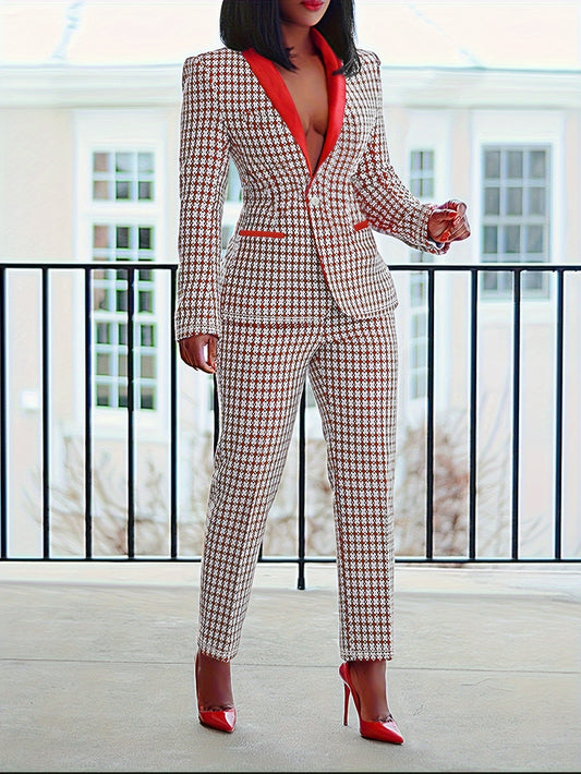 Plaid Chic - Two-Piece Blazer & Wide Leg Pant Set - Versatile Casual to Work Outfit - Comfortable Shawl Collar Design - Fashionable Womens Clothing