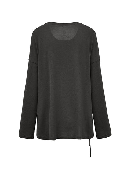 xakxx Long Sleeves Loose Asymmetric Drawstring Hollow Solid Color Round-Neck T-Shirts Tops