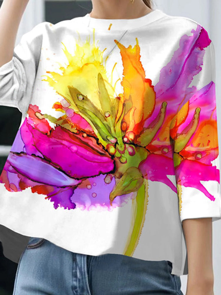 xakxx Loose Three-Quarter Sleeves Contrast Color Flower Print Round-Neck T-Shirts Tops