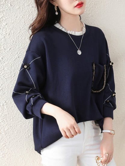 xakxx Long Sleeves Loose Chains Pockets Ruffled Split-Joint Three-Dimensional Flower Round-Neck T-Shirts Tops