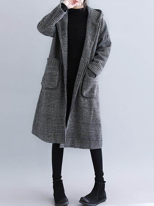 xakxx Loose Plaid Woolen Hood Coat