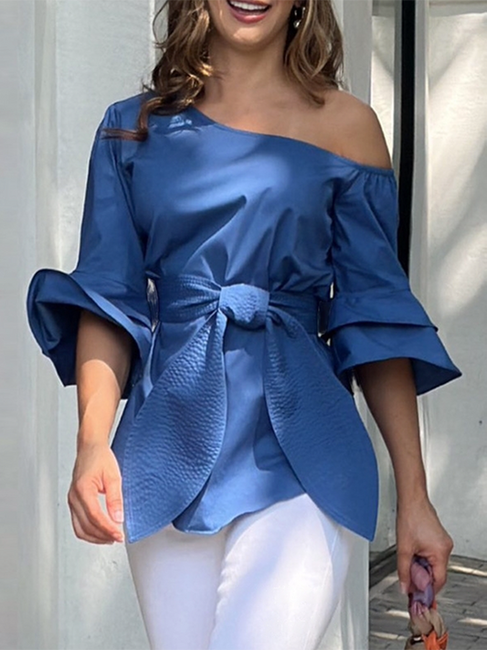 xakxx Flared Sleeves Asymmetric Knot Solid Color One-shoulder Blouses&shirts Tops