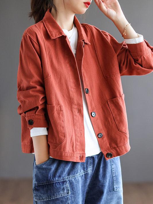 xakxx Vintage Loose Long Sleeves Buttoned Solid Color Lapel Collar Outerwear