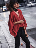xakxx Loose Batwing Sleeves Solid Color V-Neck Blouses&Shirts Tops