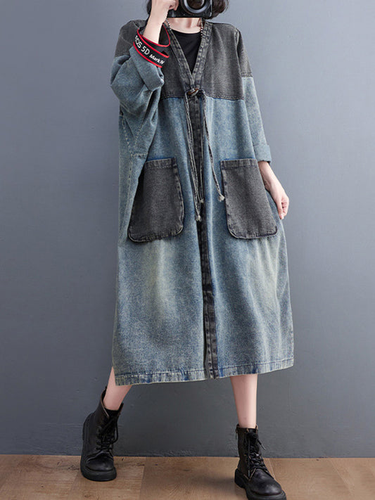 xakxx Artistic Retro Denim Long Sleeves Loose Tied Split-Joint Trench Outerwear