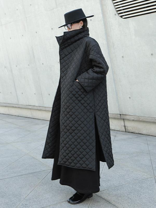 xakxx Black Rhombic Split-Side High Collar Long Coat