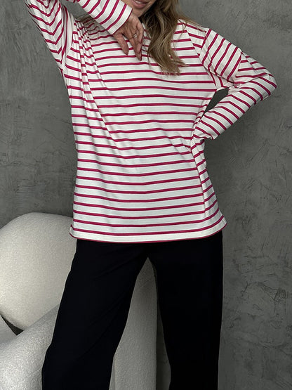 xakxx Long Sleeves Loose Striped Round-Neck T-Shirts Tops