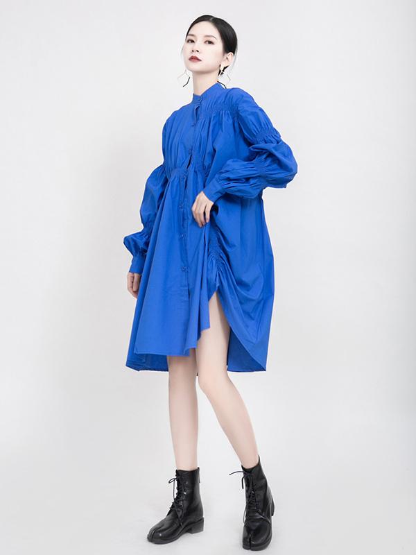 xakxx Blue Loose Pleated Cropped Blouse Dress