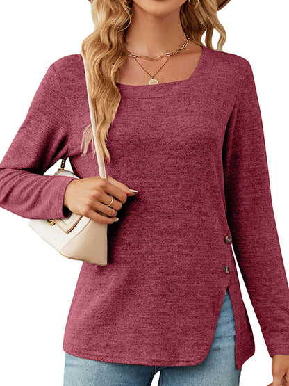 xakxx Long Sleeves Loose Asymmetric Buttoned Solid Color Split-Side Square-Neck T-Shirts Tops