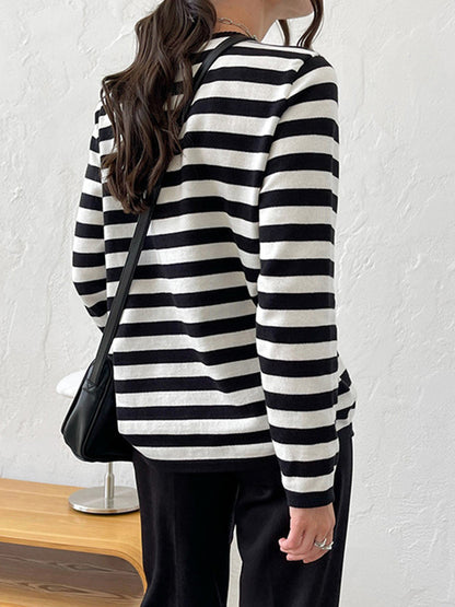 xakxx Long Sleeves Loose Split-Joint Striped Round-Neck Sweater Tops