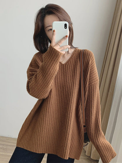 xakxx Casual Long Sleeves Loose Solid Color V-Neck Sweater Tops