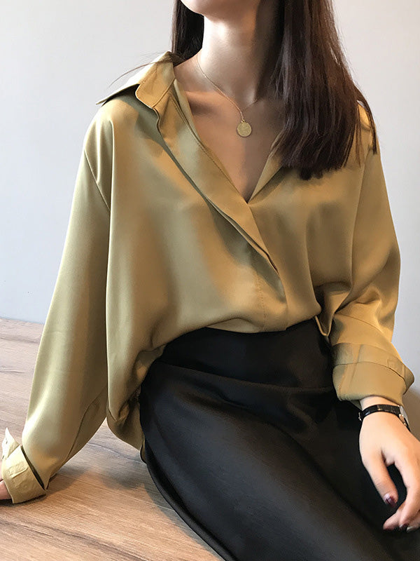 xakxx Satin V-Neck Loose Solid Color High-Low Long Sleeve Shirts