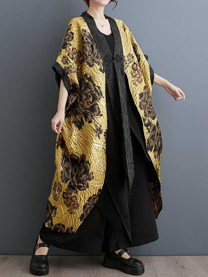 xakxx Batwing Sleeves Loose Flower-Embellished Chinese Frog Buttons Pleated Split-Joint V-Neck Outerwear