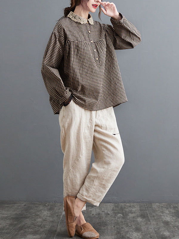 xakxx Plaid Ramie Cotton Plus Szie Long Sleeve Shirts