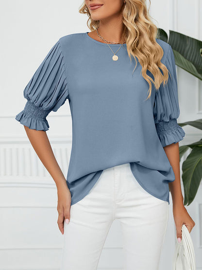 xakxx Loose Puff Sleeves Pleated Solid Color Round-Neck T-Shirts Tops