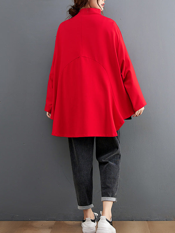 xakxx Casual Loose Split-Joint High-Neck Long Batwing Sleeves T-Shirt