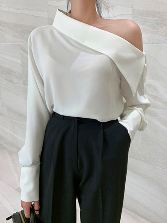 xakxx Long Sleeves Asymmetric Buttoned See-Through Solid Color One-Shoulder Blouses&Shirts Tops