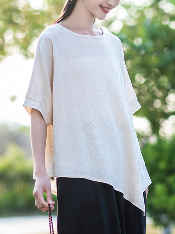 xakxx Artistic Retro Loose Linen Asymmetric T-Shirt Top