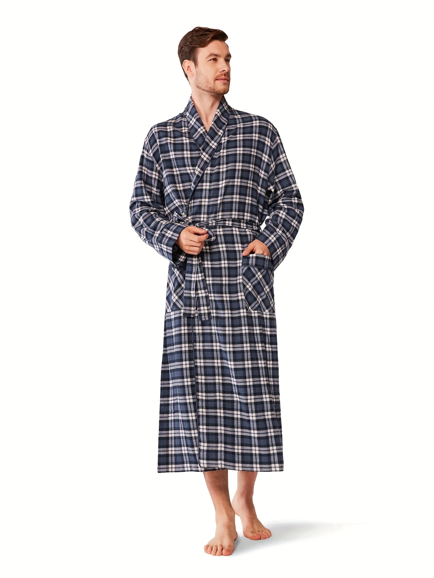 SIORO Mens Robe Flannel Cotton Plaid Bathrobe Soft Shawl Collar Loungewear